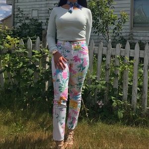 WHITE MULTICOLOR FLORAL MID-RISE PANTS JEGGINGS